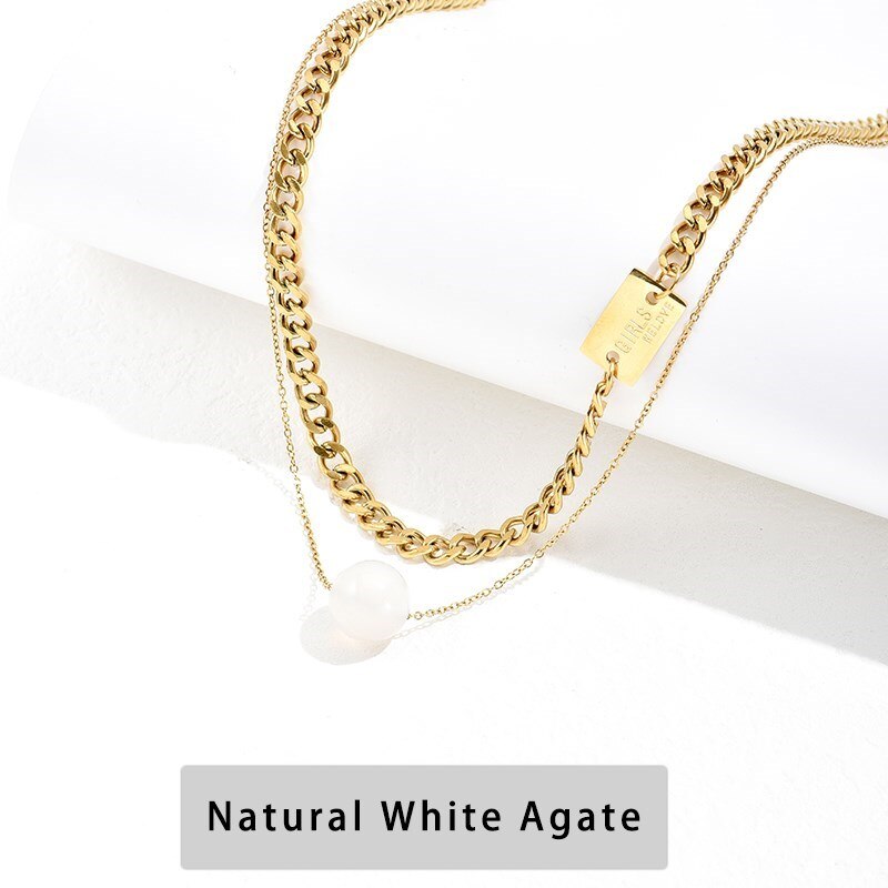 CHANGE BETTER Simple Natural Agate Bead Pendant Necklace For Women Hip Hop Gold Color Stainless Steel Double Chain Choker