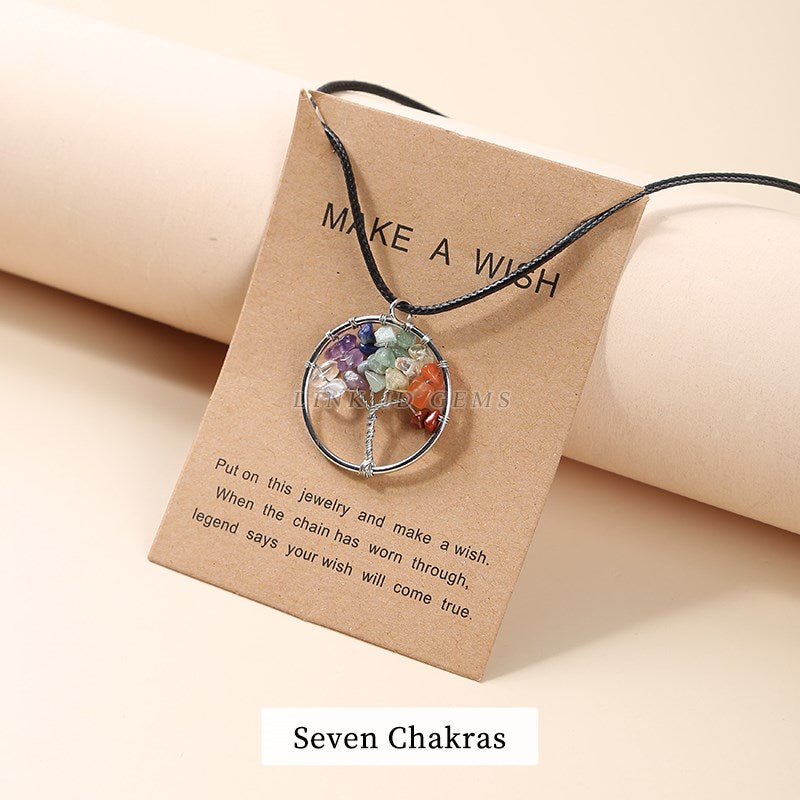 JD 7 Chakra Quartz Natural Gavel Stone Tree of Life Pendulum Pendant Necklace for Women Bohe Healing Crystal Reiki Jewelry Gift