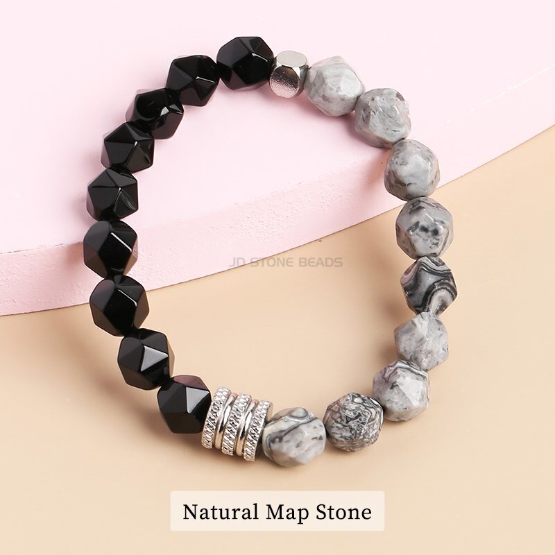 JD Classic Bracelet 10MM Faceted Black Agate Nature Charm High Quality Punk Rock Mens Bracelet Chain Jewelry Friendship Gifts