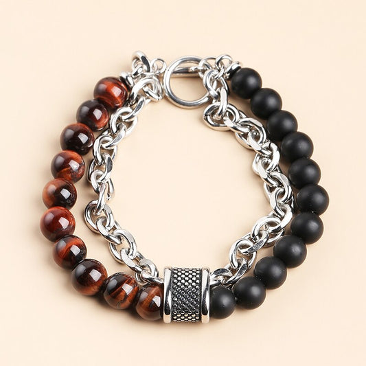 CHANGE BETTER Natural Tiger Eye Men's Beaded Bracelets Classic Stainless Steel Alloy Chain Health Energy Weight Loose Bangles