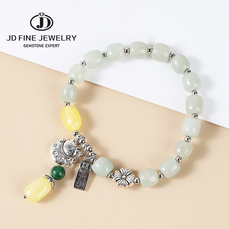 JD Sweet Lucky Cat Crystal Charm Flower Bracelets Women Trendy Natural Green Aventurine Beads Bangels Female Summer Jewelry Gift