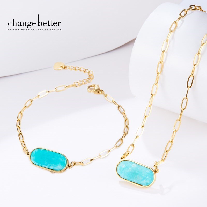 Change Better Natural Blue Chalcedony Stainless Steel Bracelets Women Handmade Gold Color Chains Lucky Jewelry For Girls Gift