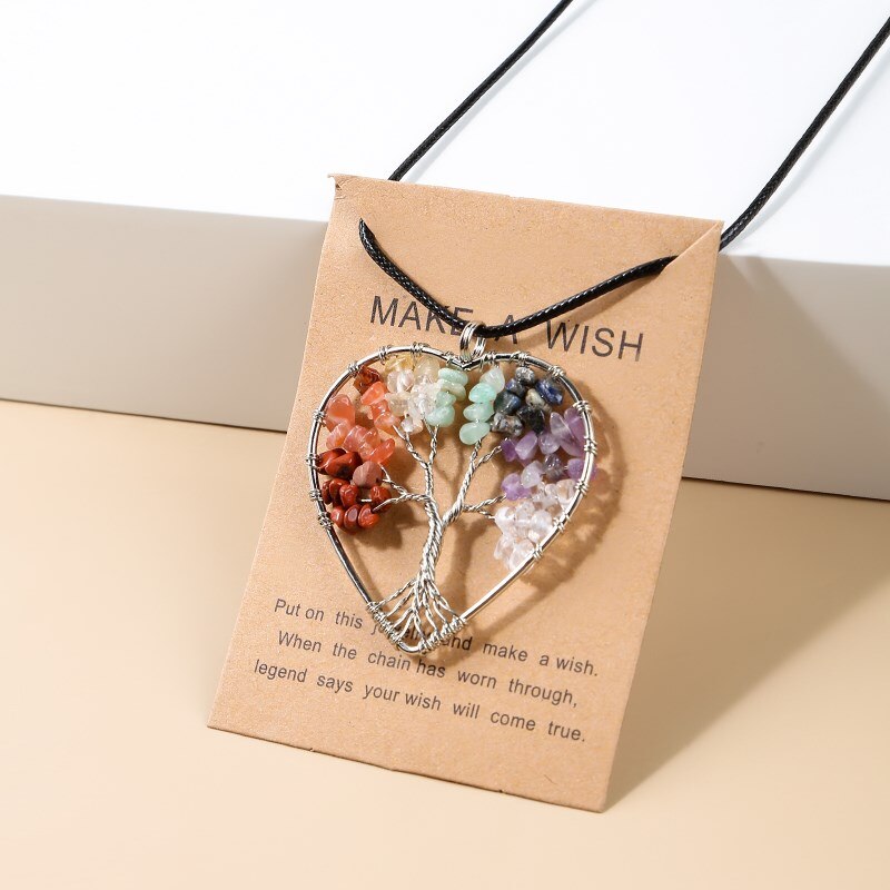 Change Better 7 Chakras Wisdom Tree Of Life Pendant Necklace Women Natural Crystal Chip Beads Wrap Heart Energy Jewelry Gifts