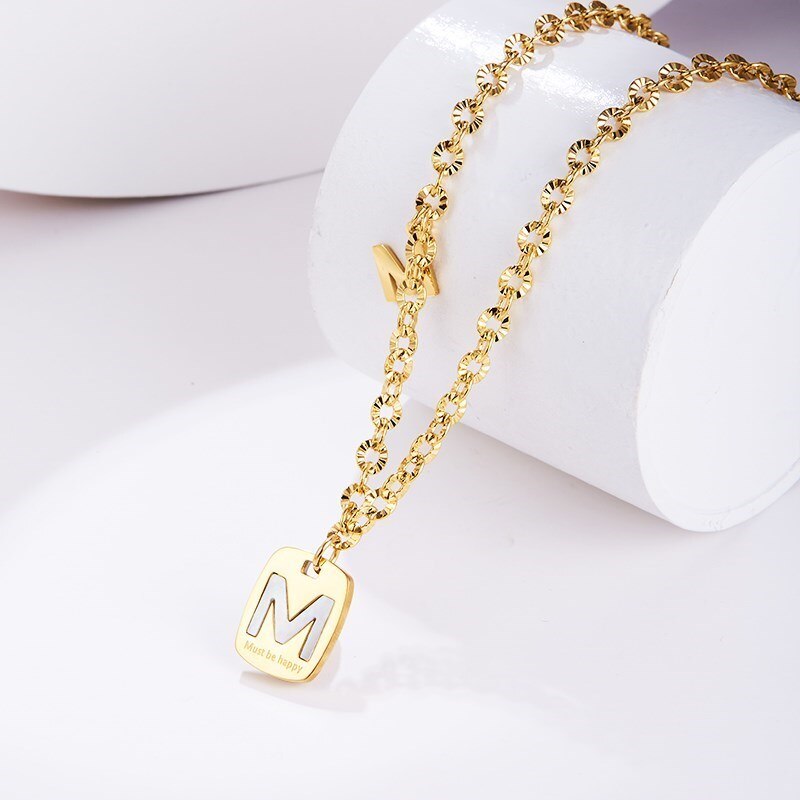 Change Better Natural Fritillaria Letter M Pendant Necklace Women Trendy Must Be Happy Gold Color Titanium Steel Choker Jewelry