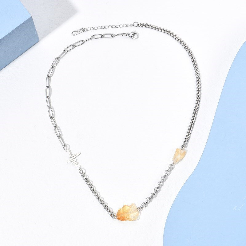 Change Better Natural Citrine Raw Stone Chain Necklace Women Fashion Cyrstal Bead Silver Color Stainless Steel Healing Choker