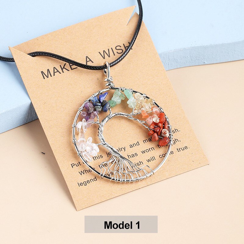 JD Natural Quartz Stone Tree of Life Pendulum Pendant Necklace Women Multicolor Seven Chakras Rope Crystal Reiki Healing Jewelry