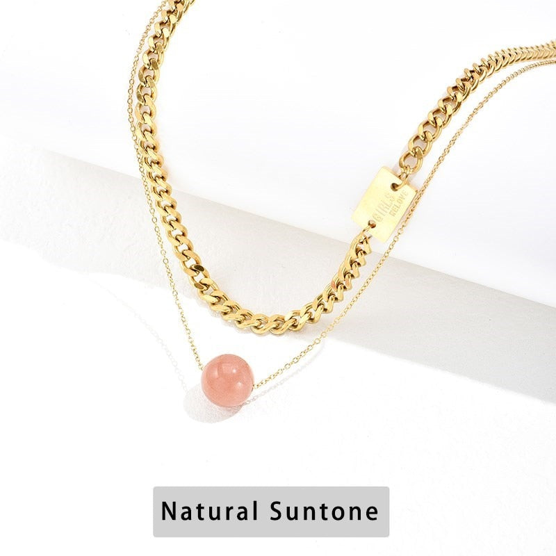 CHANGE BETTER Simple Natural Agate Bead Pendant Necklace For Women Hip Hop Gold Color Stainless Steel Double Chain Choker