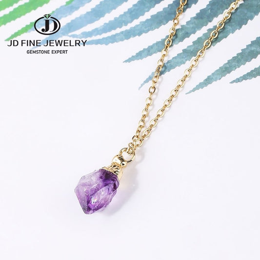 JD Alloy Purple Color Natural Amethyst Stone Chain Necklace Rhinestone Quartz Pendant Charms Necklaces Collar