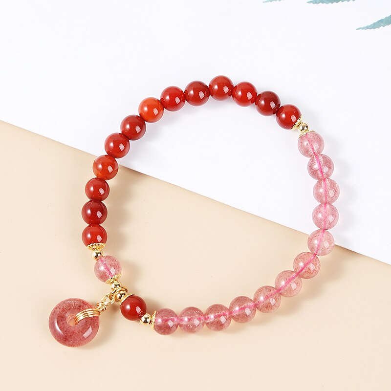 JD Natural Stone Red Agate Strawberry Quartz Bead Bracelets Women Peace Buckle Charm Rope Strand Bangles Girls Wristband Jewelry