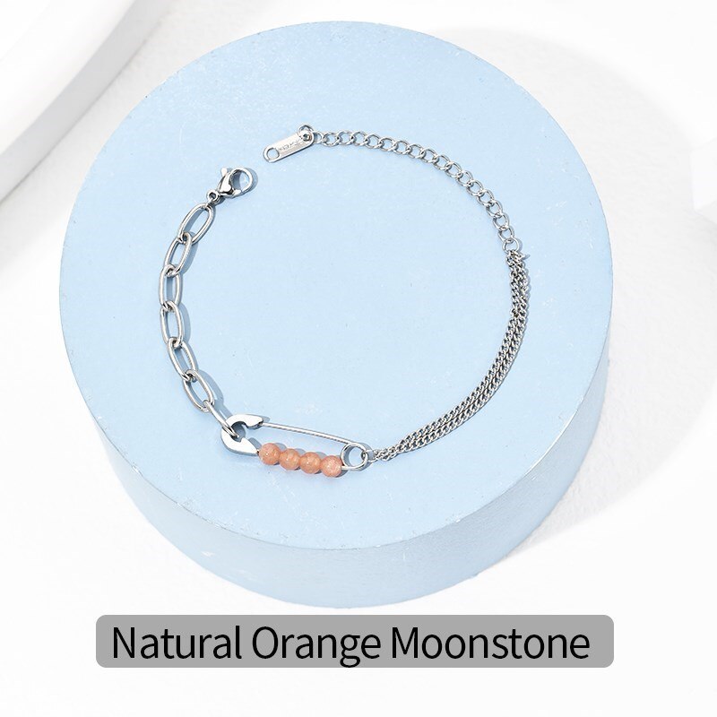 Change Better Natural Small Agate Moonstone Beaded Paper Clip Chain Bracelets Women Titanium Steel Tiny Bangles Personality Gift