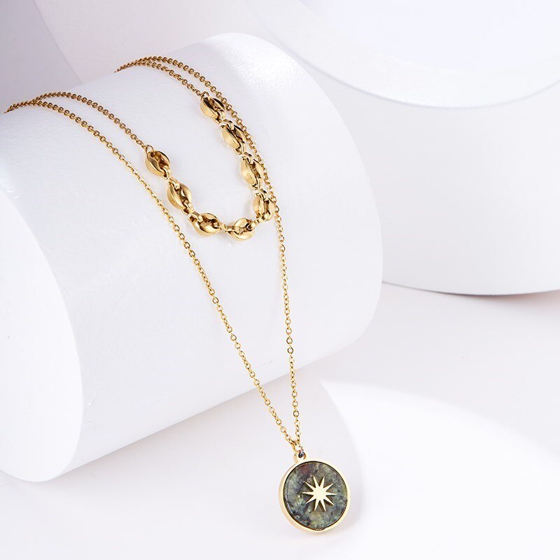 Change Better Natural Red Green Treasure Hexagram Inlay Round Pendant Necklace Women Bohe Double Layer Chain Choker Girl Jewelry