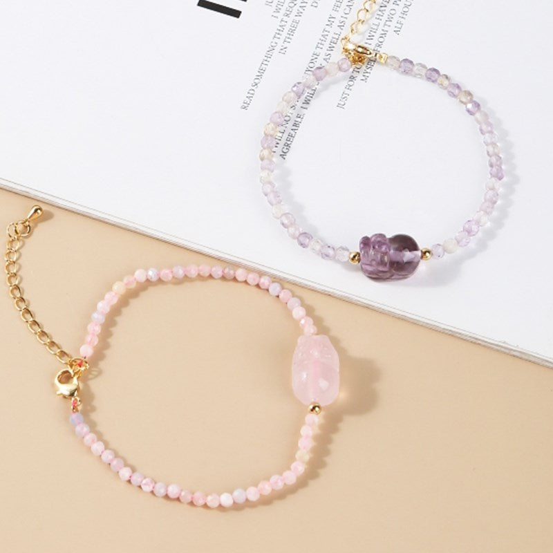 JD 3mm Thin Cute Beads Crystal Pixiu Bracelets Women Trendy Natural Pink Quartz Handmade Gold Color Chain Wrist Jewelry Gifts