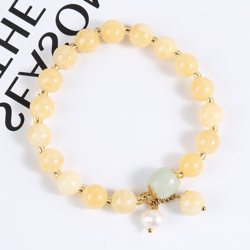 JD Elegant Natural Light Yellow Jade Pearl Pendant Bracelet For Women Korean Fashion Handmade Elastic Rope Charms Wrist Bangles