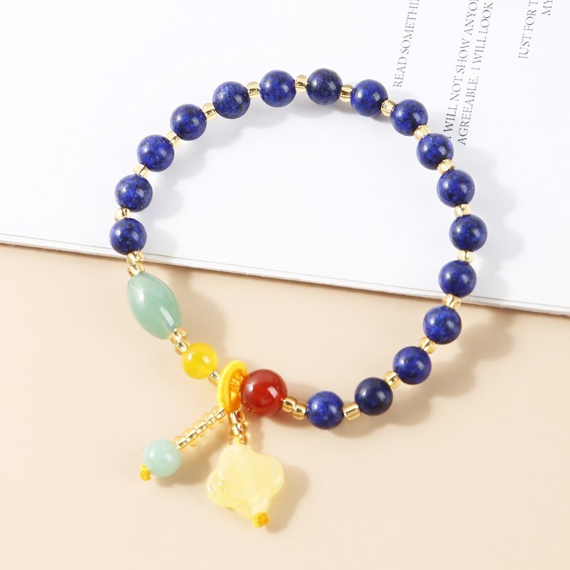 JD Natural Lapis Lazuli Amber Beaded Bracelet For Women Trendy Four-Leaf Clover Pendant Stone Tassel Bangles Girl Summer Jewelry