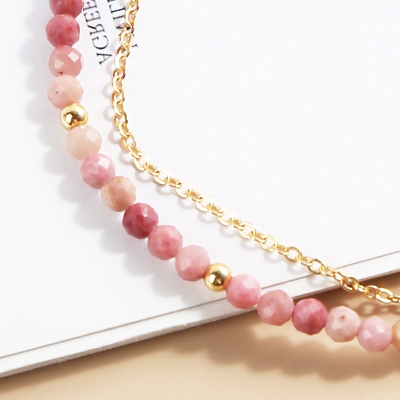 JD 3mm Natural Faceted Rhodochrosite Agate Double Layer Bracelet Women Gold Color Chain Semi-Precious Jewelry Thin Bangles Gifts