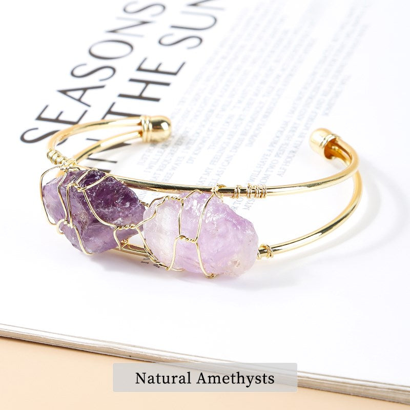 JD Natural Stone Amethysts Pink Quartz Bangles Women Bohemia Rough Ore Mineral Cuff Copper Bracelet Gold Color Wire Wrap Jewelry