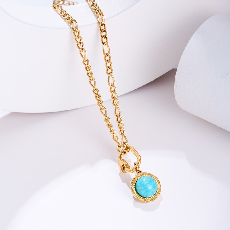 CHANGE BETTER Natural Turquoise Round Bead Pendant Choker Women Gold Color Stainless Steel Chain Stone Necklace Female Jewelry