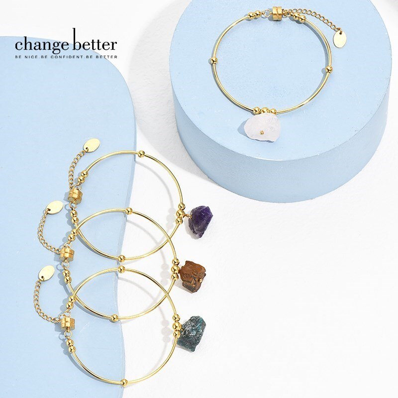 Change Better Natural Raw Stone Pendant Circle Bracelets Women Gold Plated Titanium Steel Charms Bangle Healing Jewelry Gifts