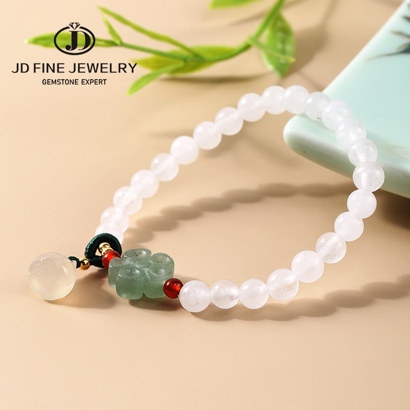 JD Natural White Jade Lotus Bracelet For Women Elegant Trendy Handmade Rope Round Beads Bangles Girls Lucky Charm Wristhand Gift