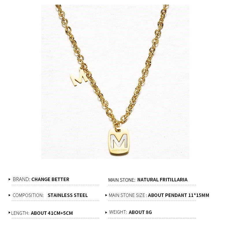 Change Better Natural Fritillaria Letter M Pendant Necklace Women Trendy Must Be Happy Gold Color Titanium Steel Choker Jewelry