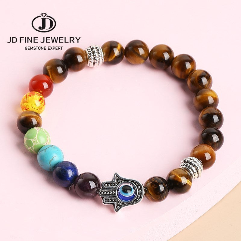 JD Natural Black Lava Stone 7 Chakra Beads Yoga Bracelet Men Women Prayer Fatima Hamsa Hand Charm Tiger Eye Bangles Lucky Gifts