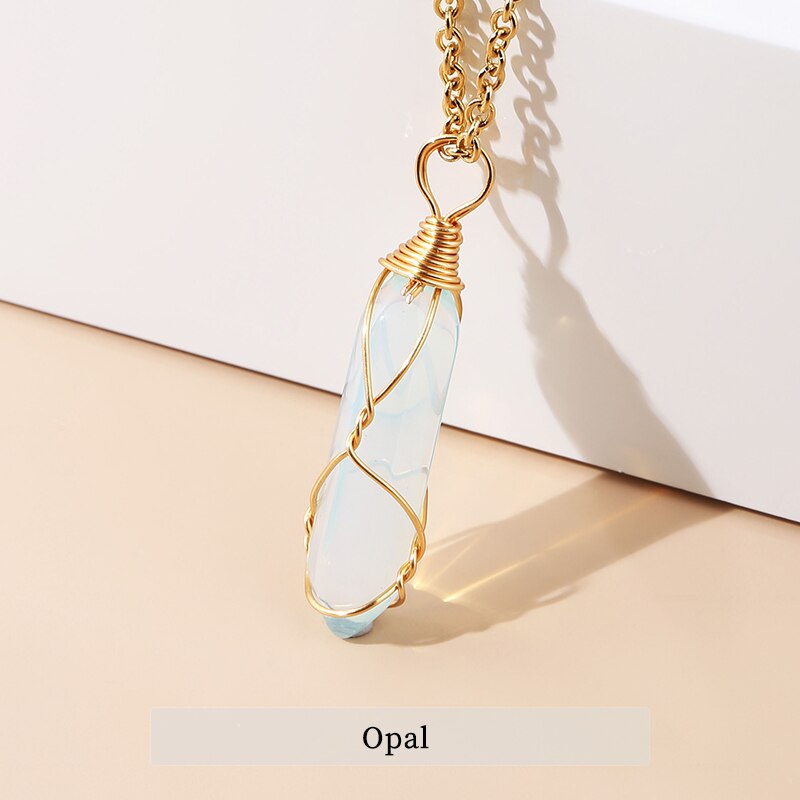 JD 13 Colors Hexagonal Cylindrical Crystal Necklace Natural Stone Pendant Wire Wrap Stone Necklace for Women Men Fashion Jewelry