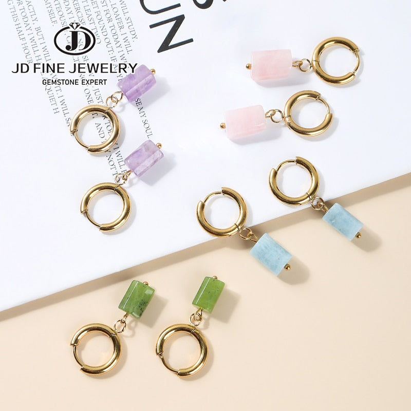 Change Better Natural Aquamarine Cylinder Shape Drop Earrings Women Amethyst Stainless Steel Round Buckle Ear Studs Female Gifts