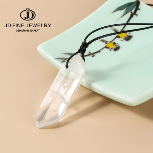 JD Natural Rock Crystal Stone Column Pendant Necklace For Women Fashion White Clear Quartz Healing Weave Jewelry Summer Gifts