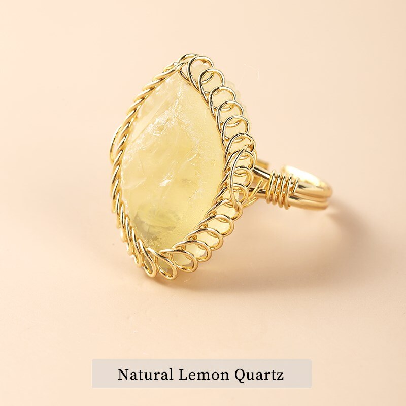 JD Natural Crystal Stone Rough Pink Quartz Braided Copper Wire Ring Women Bohe Irregular Amethysts Gold Color Adjusable Rings