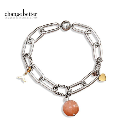 CHANGE BETTER Natural Orange Moonstone Bead Pendant Cable Chain Bracelets Women Stainless Steel Charm Wristband Chain Jewelry