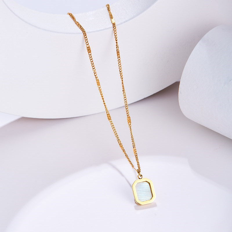 CHANGE BETTER Natural White Fritillaria Hexagon Pendant Necklace Women Elegant Shell Titanium Steel Chain Choker Girl Jewelry