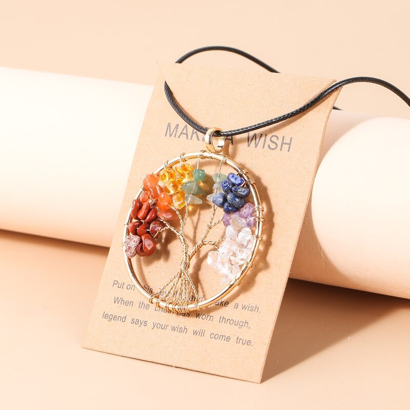 Change Better 7 Chakras Tree Of Life Pendant Necklace Gold Color Wisdom Natural Crystal Chip Beads Handmade Rope Jewelry Gift