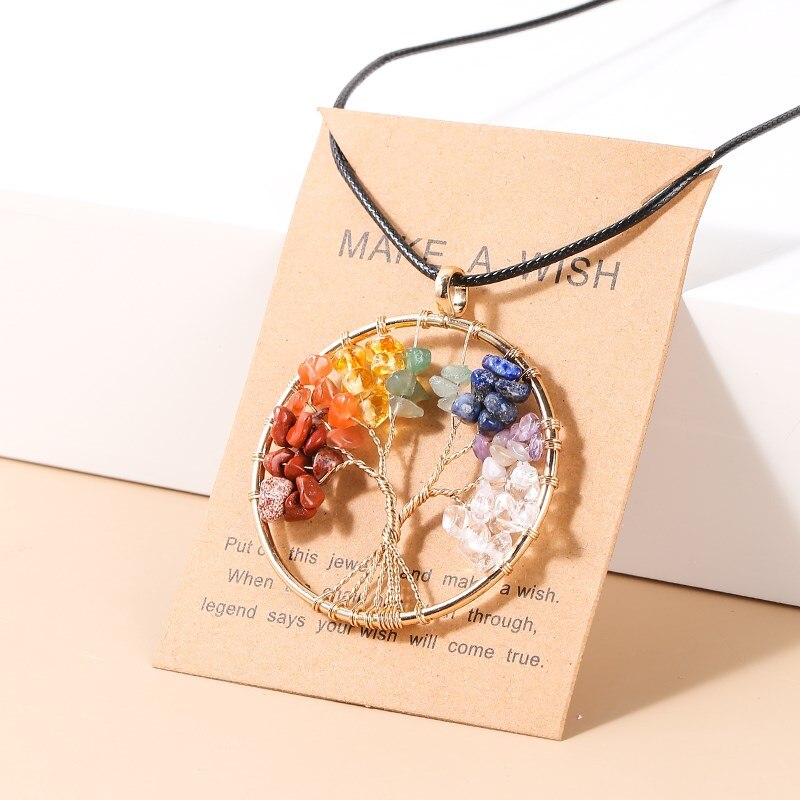 Change Better 7 Chakras Tree Of Life Pendant Necklace Gold Color Wisdom Natural Crystal Chip Beads Handmade Rope Jewelry Gift