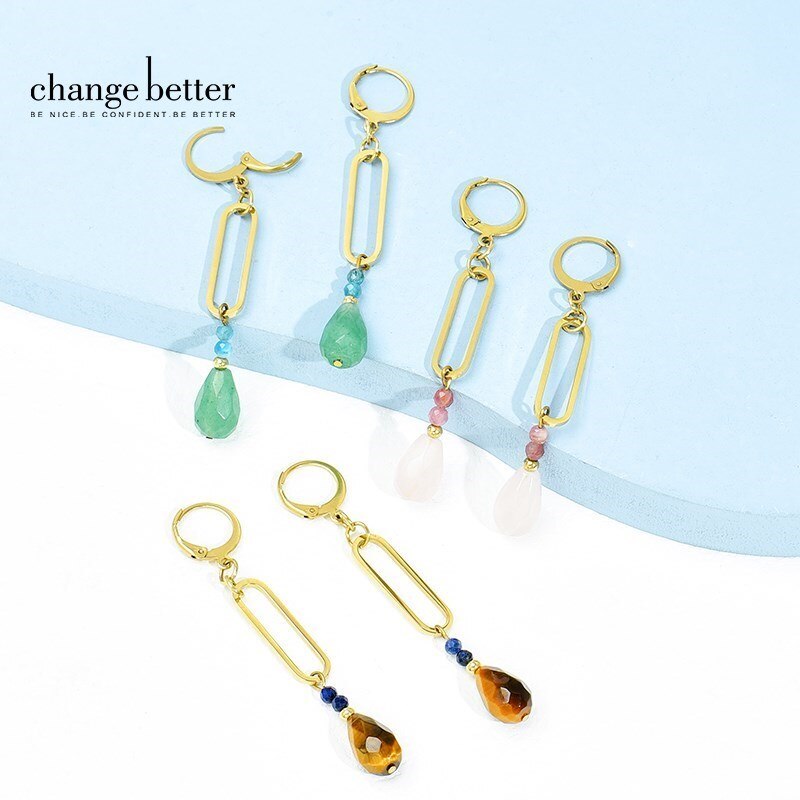 Change Better Natural Tiger Eye Faceted Water Drop Earring Women Gold Color Stainless Steel Dangle Ear Stud For Party Gifts