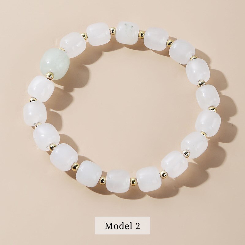 JD Natural White Jade Barrel Shape Beads Bracelet Women Fashion Golden Separator Handmade Elastic Reiki Stone Wrist Bangles