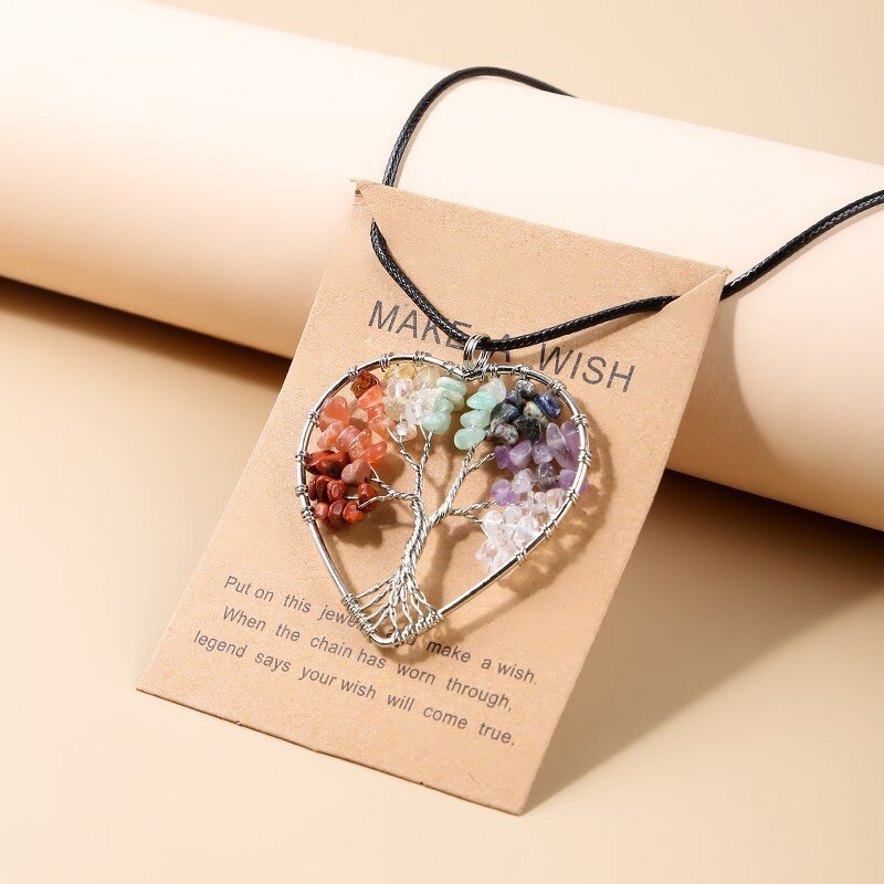 Change Better 7 Chakras Wisdom Tree Of Life Pendant Necklace Women Natural Crystal Chip Beads Wrap Heart Energy Jewelry Gifts