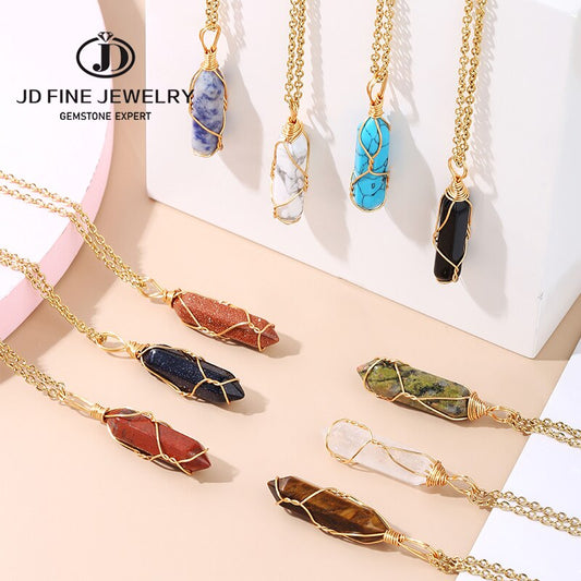 JD 13 Colors Hexagonal Cylindrical Crystal Necklace Natural Stone Pendant Wire Wrap Stone Necklace for Women Men Fashion Jewelry