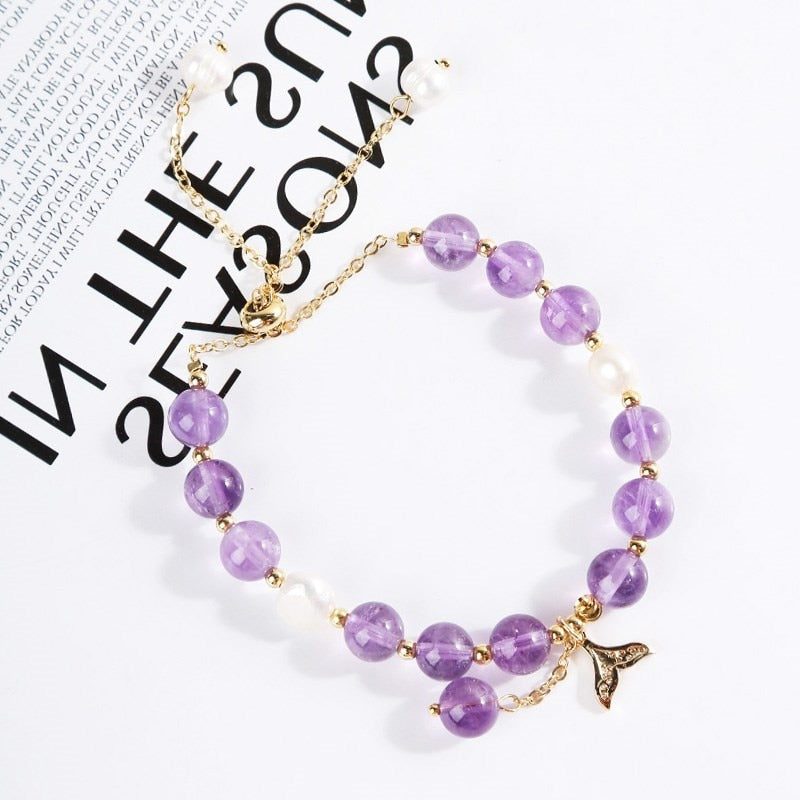 JD 8mm Natural Amethysts Bead Bracelet Women Elegant Mermaid Tail Charms Adjustable Rope Bangles Female Fashion Crystal Jewelry