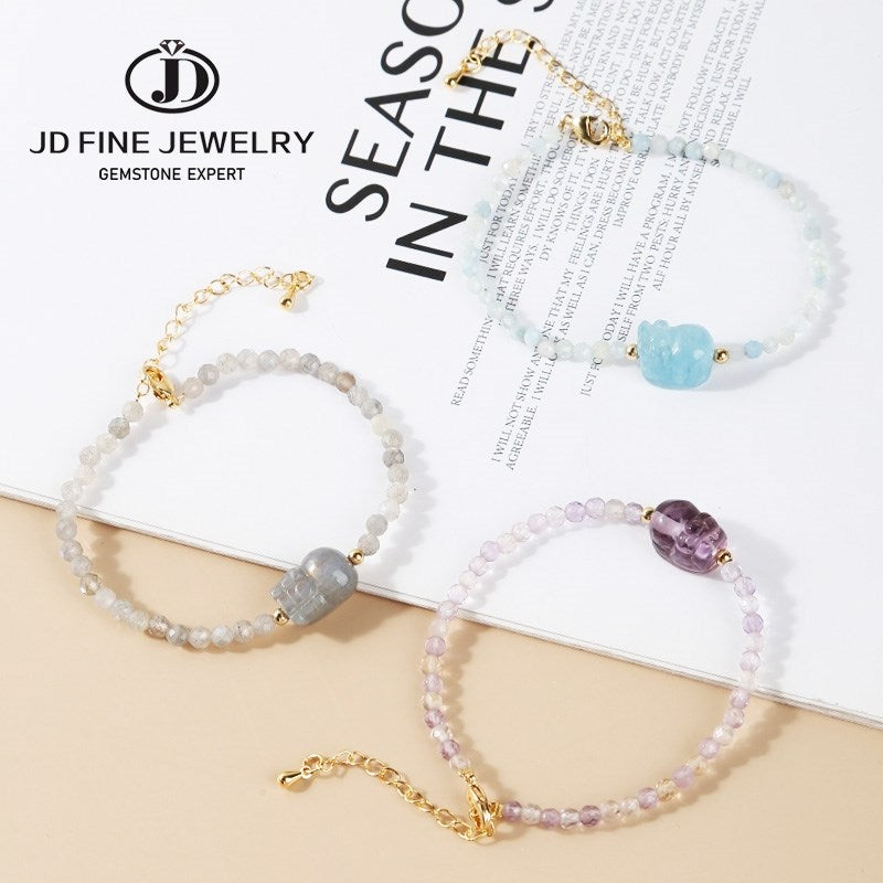 JD 3mm Thin Cute Beads Crystal Pixiu Bracelets Women Trendy Natural Pink Quartz Handmade Gold Color Chain Wrist Jewelry Gifts