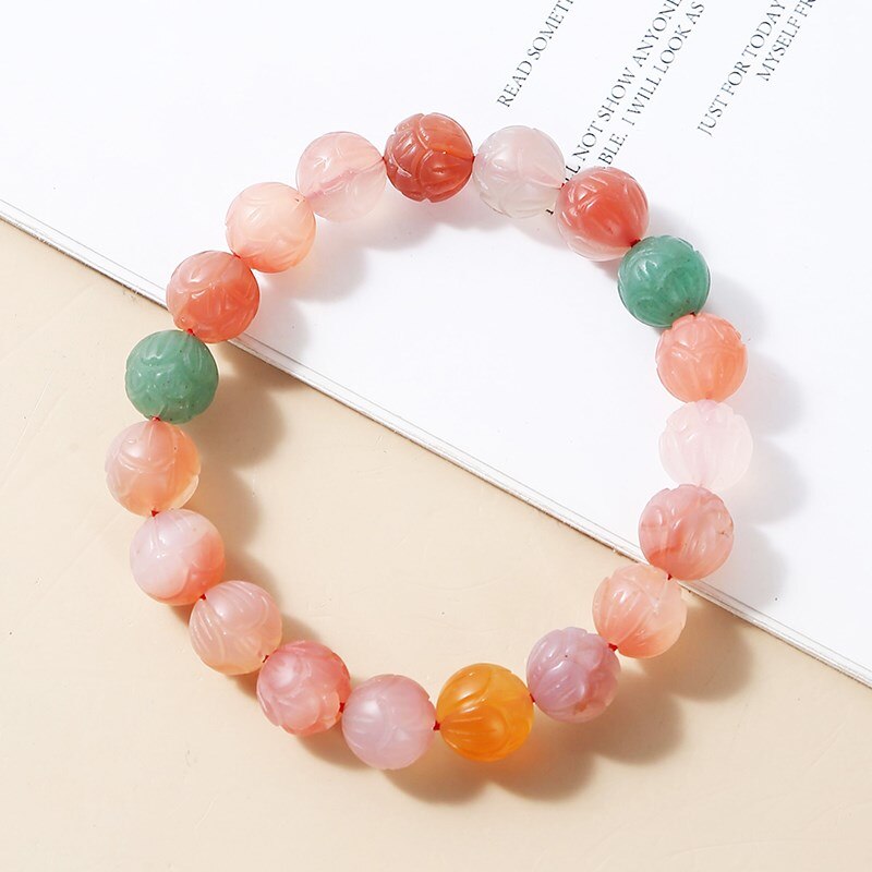 JD Natural Stone Yanyuan Agate Lotus Carved Beads Bracelet Women Lucky Four-Leaf Clover Crystal Healing Bangles Girls Jewelry