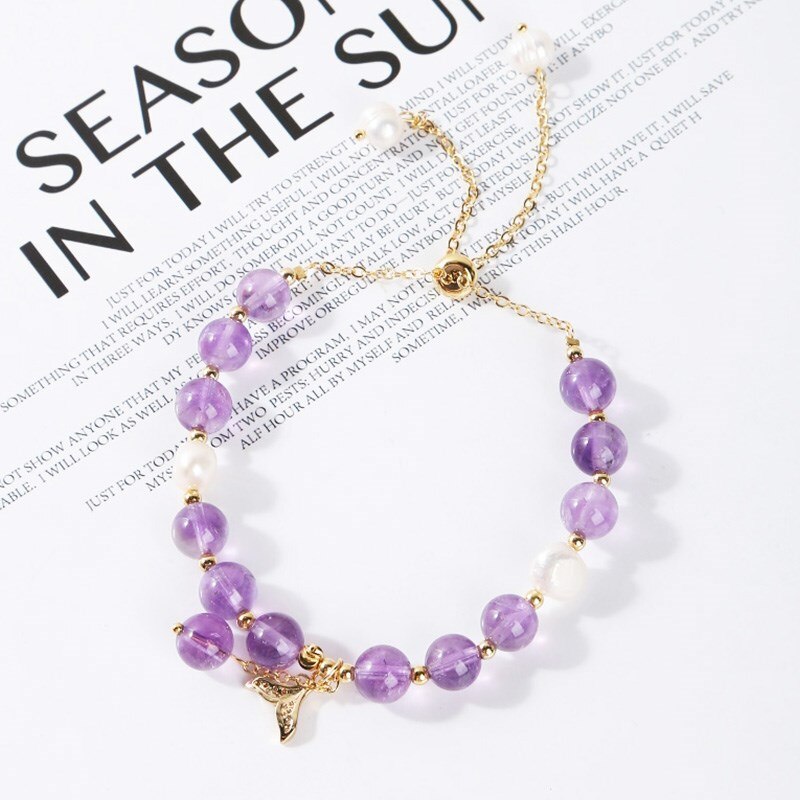 JD 8mm Natural Amethysts Bead Bracelet Women Elegant Mermaid Tail Charms Adjustable Rope Bangles Female Fashion Crystal Jewelry