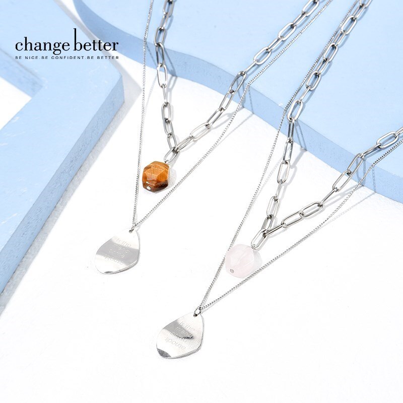 Change Better Hip Hop Stainless Steel Double-layer Clavicle Chain Pendant Necklace Women Natural Tiger Eye Stone Charms Jewelry