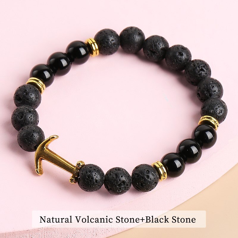 JD Natural Volcanic Stone Gold Color Anchor Bead Bracelets Men Women Round Lava Stone Elastic Strand Bangles Lucky Wrist Jewelry