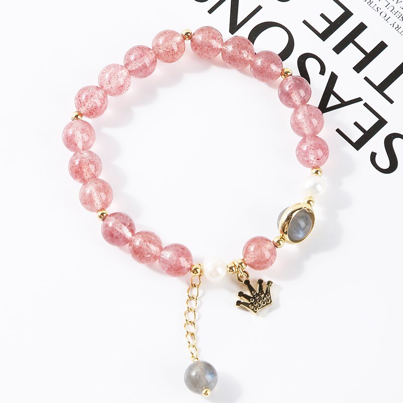 JD Natural Strawberry Quartz Moonstone Crystal Beaded Bracelets Women Lucky Healing Crown Charms Elastic Bangles Wristband Gift