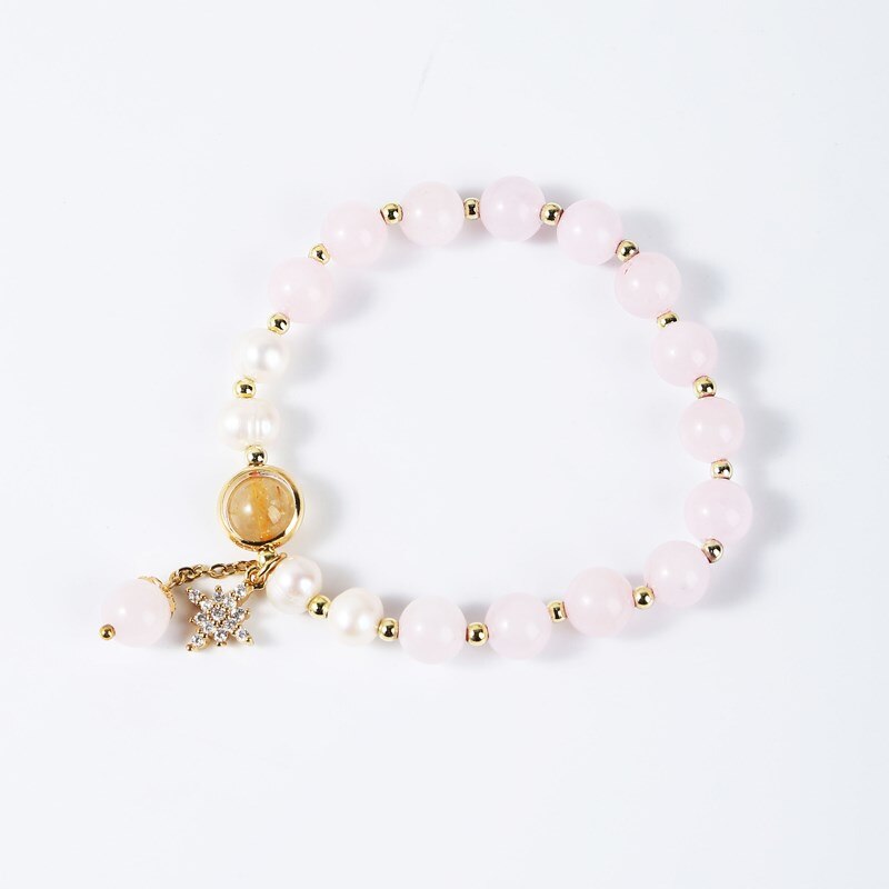 JD Natural Pink Quartz Pearl Lucky Beads Bracelet Women Sweet Luxury Zircon Pendant Bracelets Girlfriend Summer Jewelry Gifts