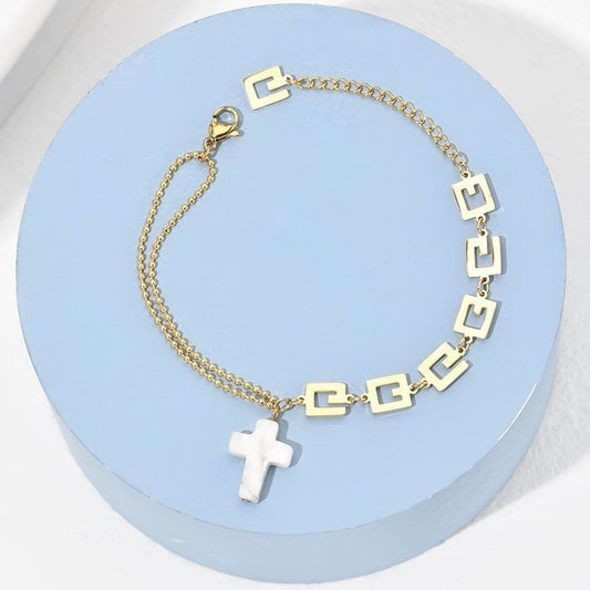 CHANGE BETTER Natural Stone Cross Shape Gold Color Bracelets For Women Small Pendant Charms Stainless Steel Chain Wrist Jewelry