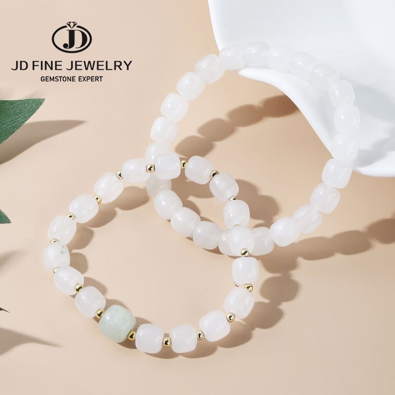 JD Natural White Jade Barrel Shape Beads Bracelet Women Fashion Golden Separator Handmade Elastic Reiki Stone Wrist Bangles