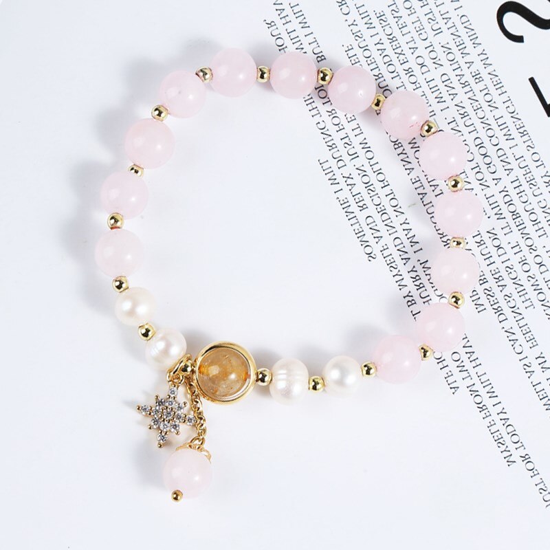 JD Natural Pink Quartz Pearl Lucky Beads Bracelet Women Sweet Luxury Zircon Pendant Bracelets Girlfriend Summer Jewelry Gifts