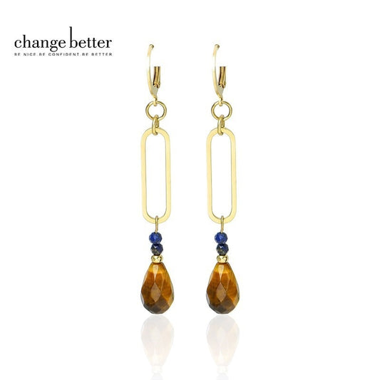 Change Better Natural Tiger Eye Faceted Water Drop Earring Women Gold Color Stainless Steel Dangle Ear Stud For Party Gifts