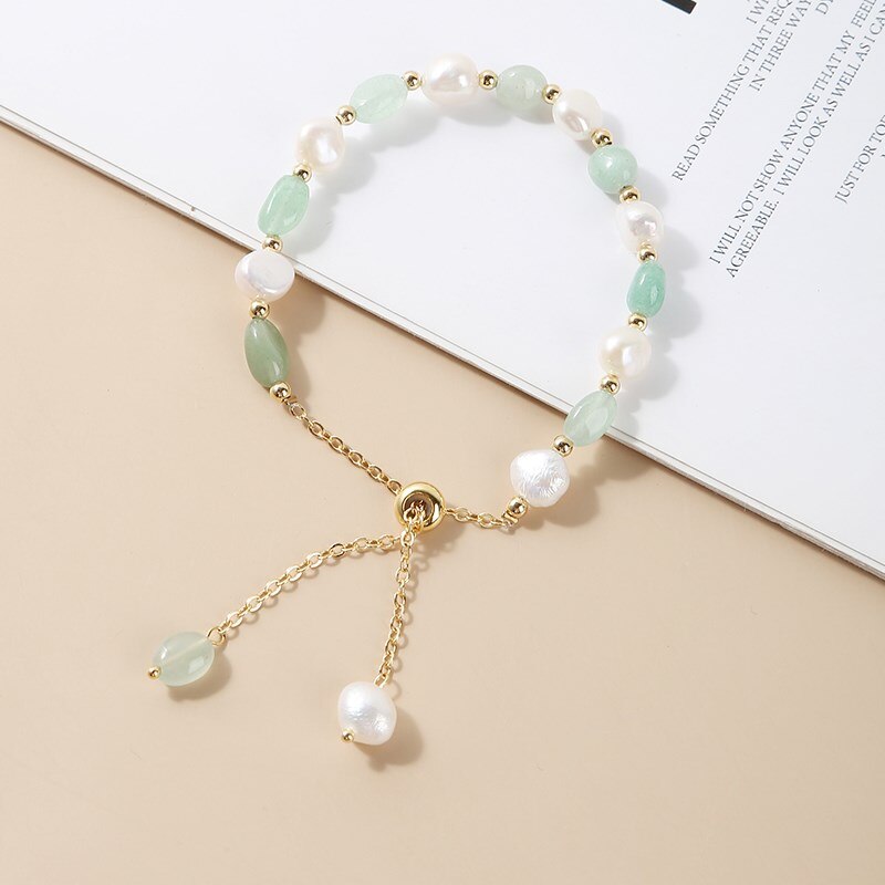 JD Irregular Natural Amethysts Pearl Pendant Bracelet Women Sweet Green Aventurine Gold Color Adjustable Charm Bangles Jewelry